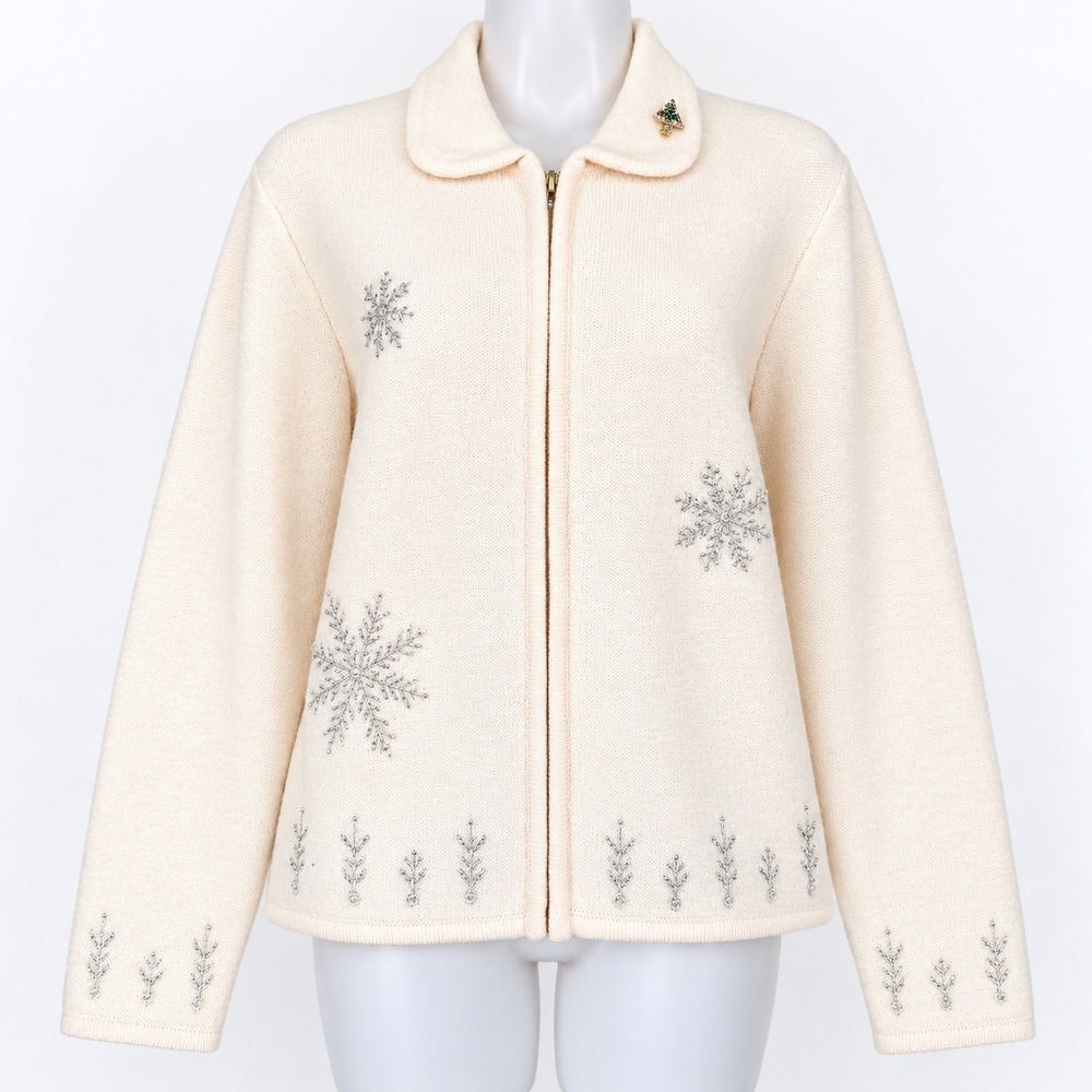 Kate Hill Vintage Wool Cardigan Women Medium Cream Snowflake Bead Christmas 90s
